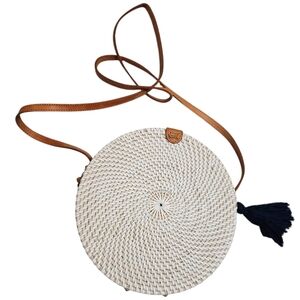 Round Woven Cream Boho Chic Festival Straw Bag with Tan Strap
